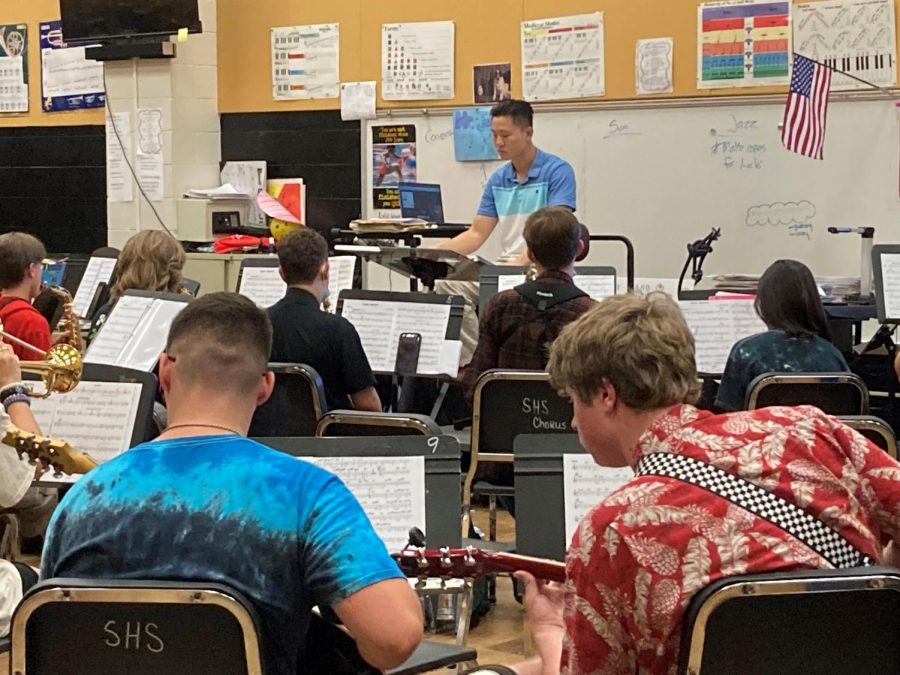 Mr. Jung leads the Jazz Band during 4th  block. Guitar Player Lane Stiff said Mr. Jung is "pretty cool."