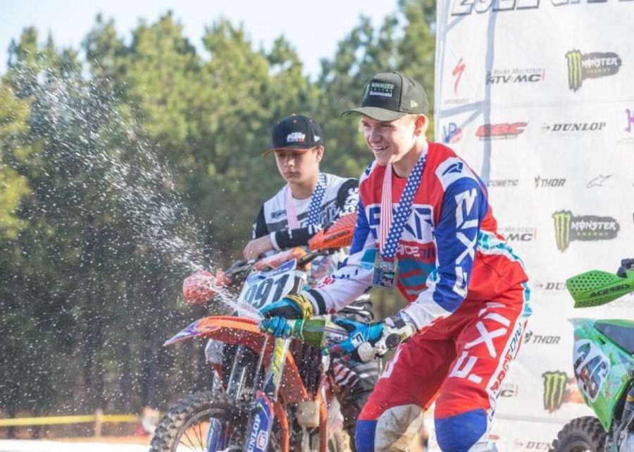 Nick DeFeo celebrates his win in the GNCC 2022 season opener.
