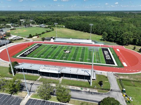 This drone image shows the new football stadium and track, which was completed in August.