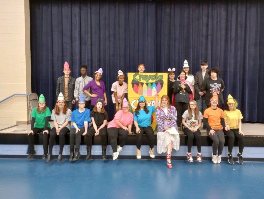 Students in Theatre 2 pose for a picture in the costumes they wore for their production of "The Day the Crayons Quit".