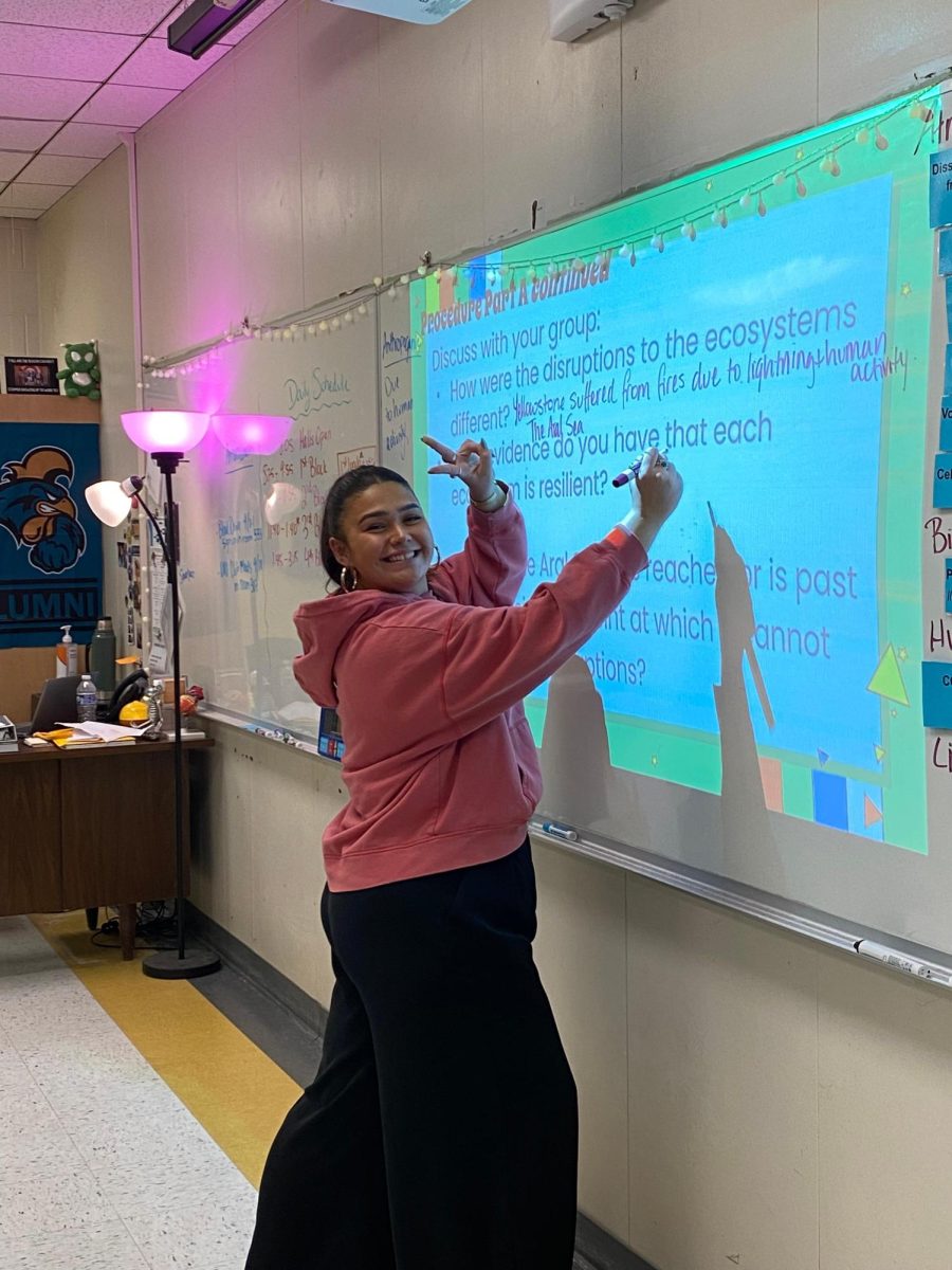 Ms. Danielle Wooley displays some personality while explaining a concept to her biology students.