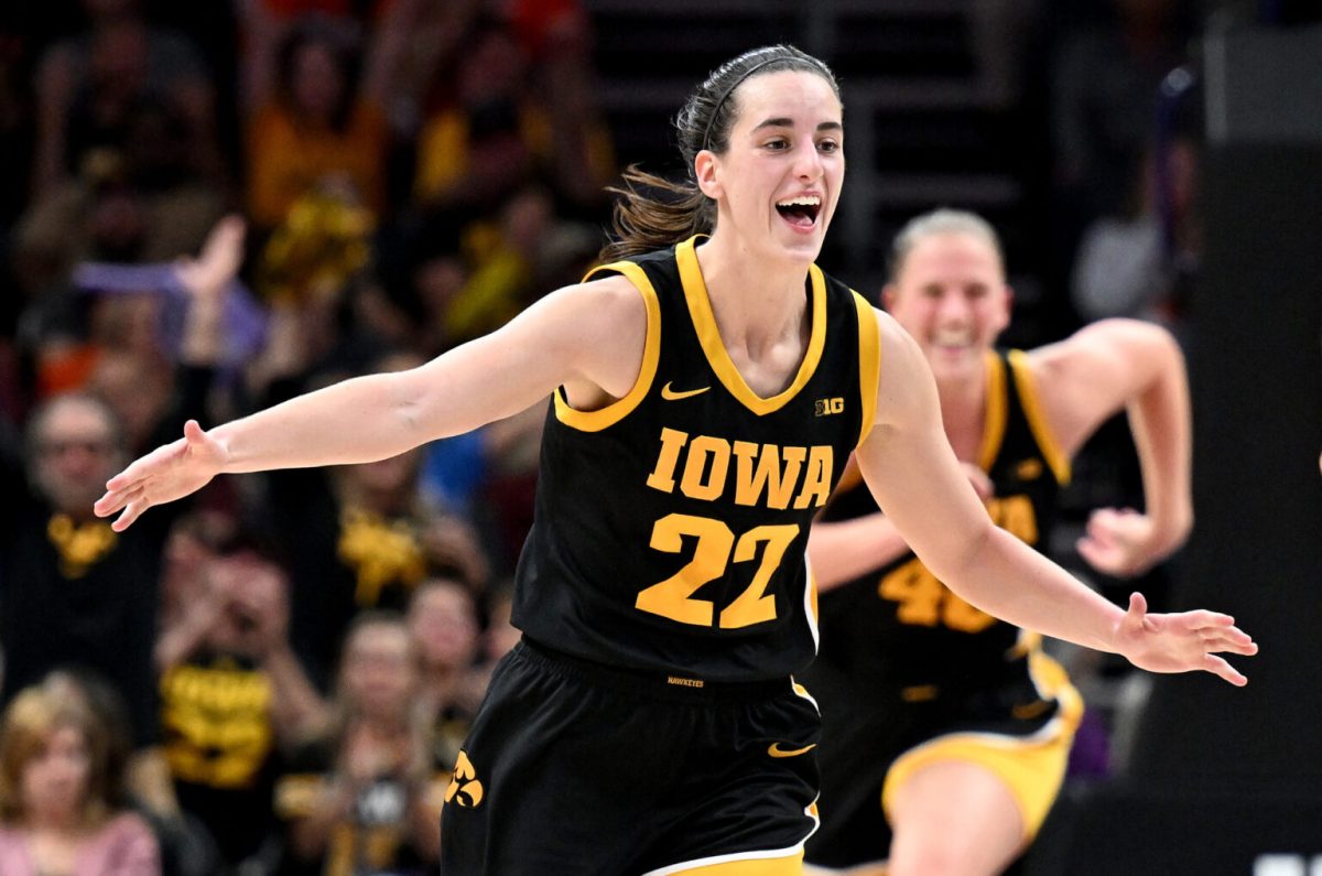 Caitlin Clark of the Iowa Hawkeyes was the star of the Womens March Madness Tournament. Here, she celebrates in the second half against the Virginia Tech Hokies at Spectrum Center on November 09 in Charlotte, North Carolina.
