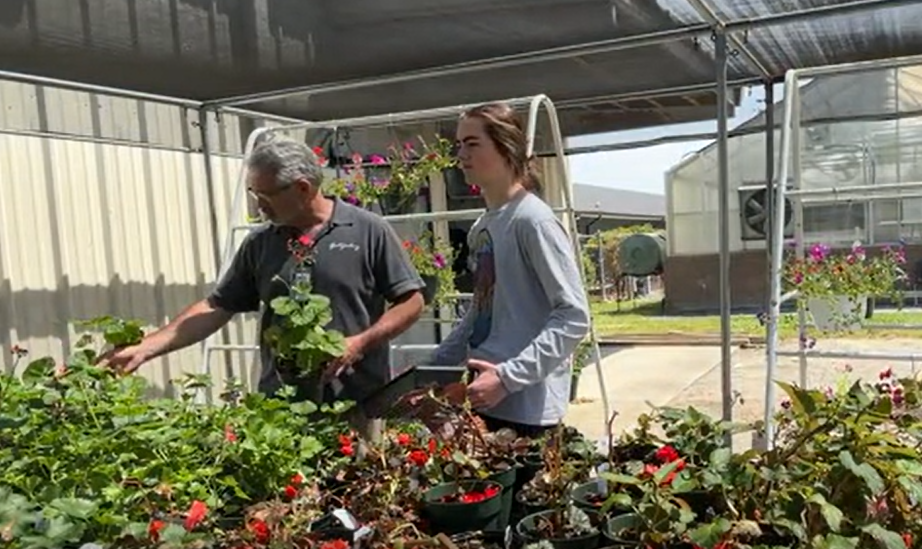 Sophomore Sam Douglas helps Social Studies Teacher Mr. Chris Boyle pick out some plants at the FFA Plant Sale.