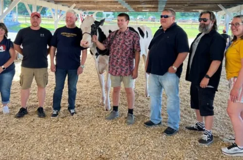 Participants at the Lewis County Fair gather with a Holstein cow for a fundraiser supporting ALICE families